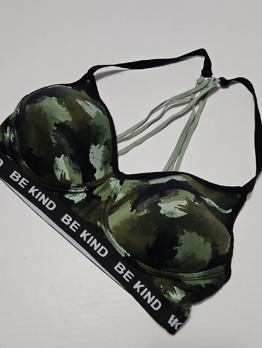Green Camo Strappy Sports Bra with "Be Kind" Band Size L